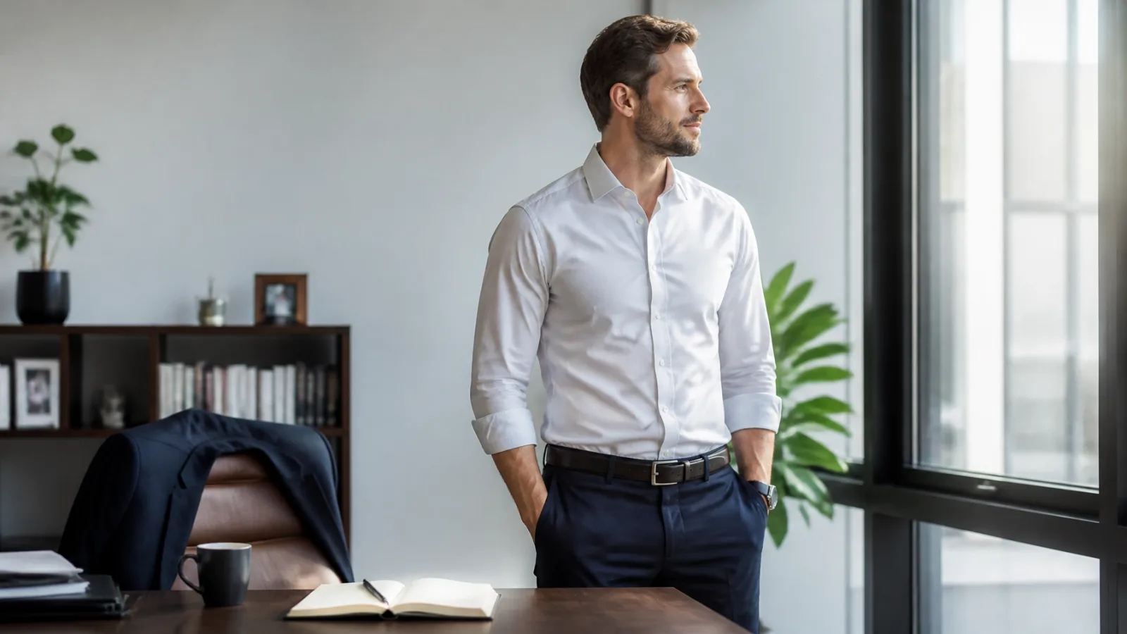 A successful founder reflecting at a meaningful leadership transition point in a bright contemporary office