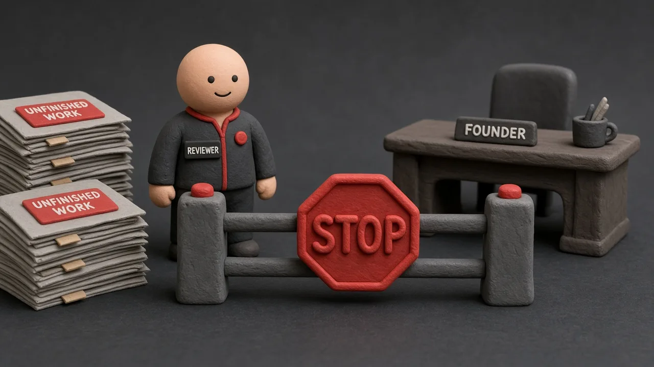 Clay STOP sign and REVIEWER name tag at the quality gate before the founder desk