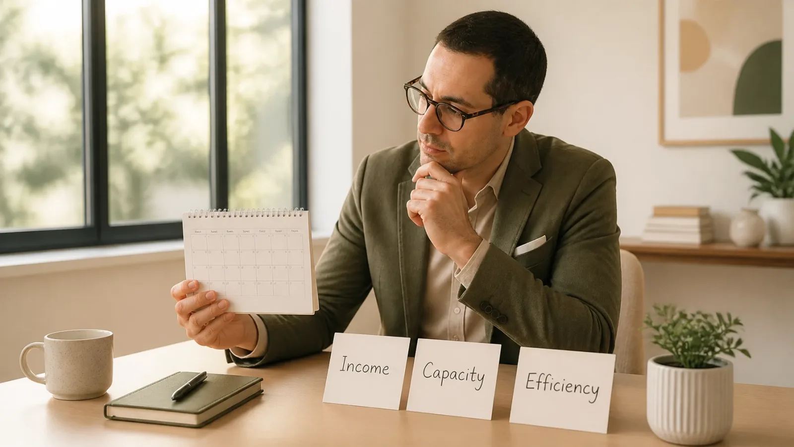 Founder reviewing a calendar and prioritizing business work by Income, Capacity, and Efficiency