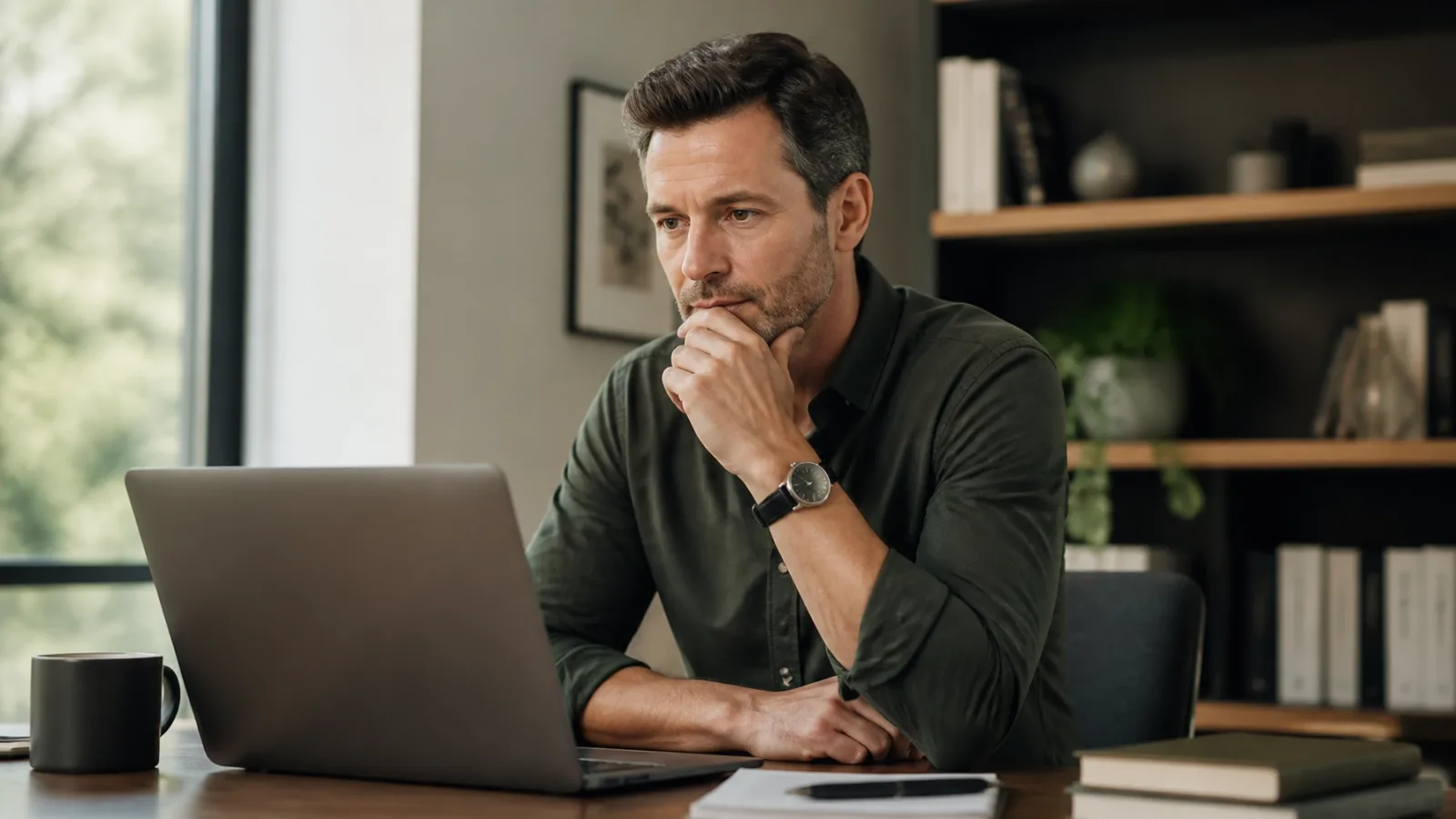A thoughtful business founder reviewing a workflow at a laptop in a calm modern office