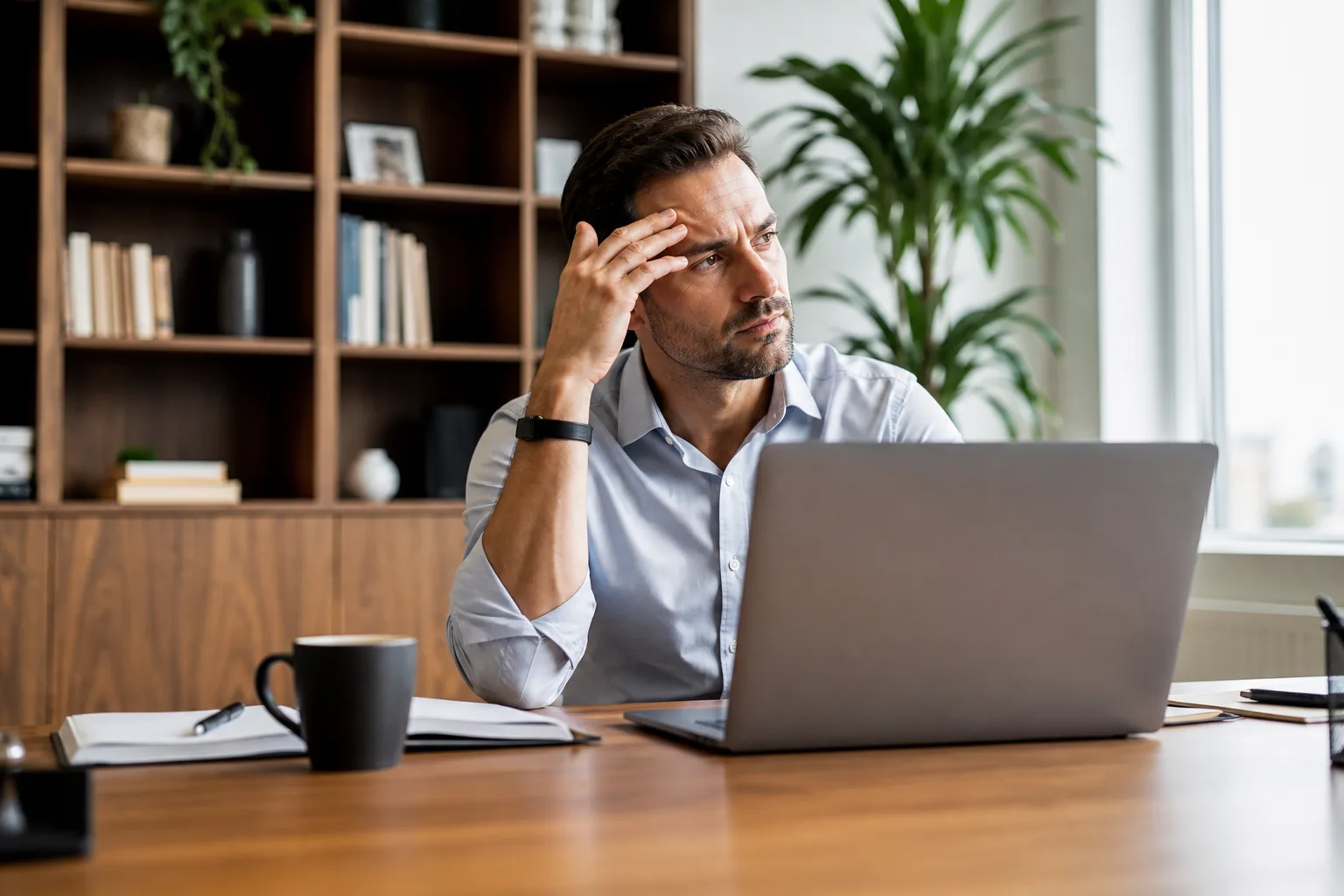 Person at the desk carrying the stuck-but-successful tension