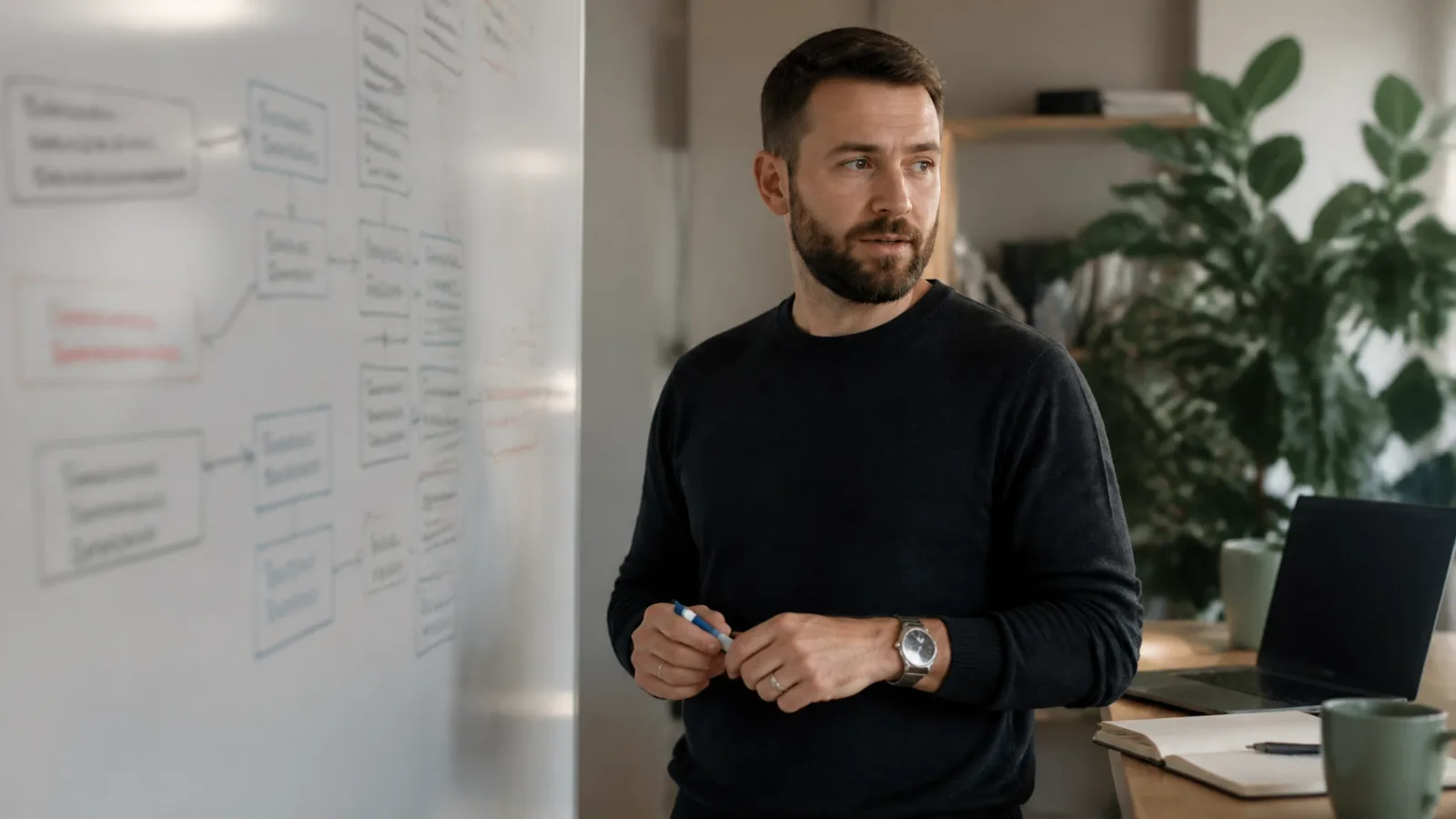 A founder mapping an abstract business workflow on a whiteboard, with the person as the clear focus