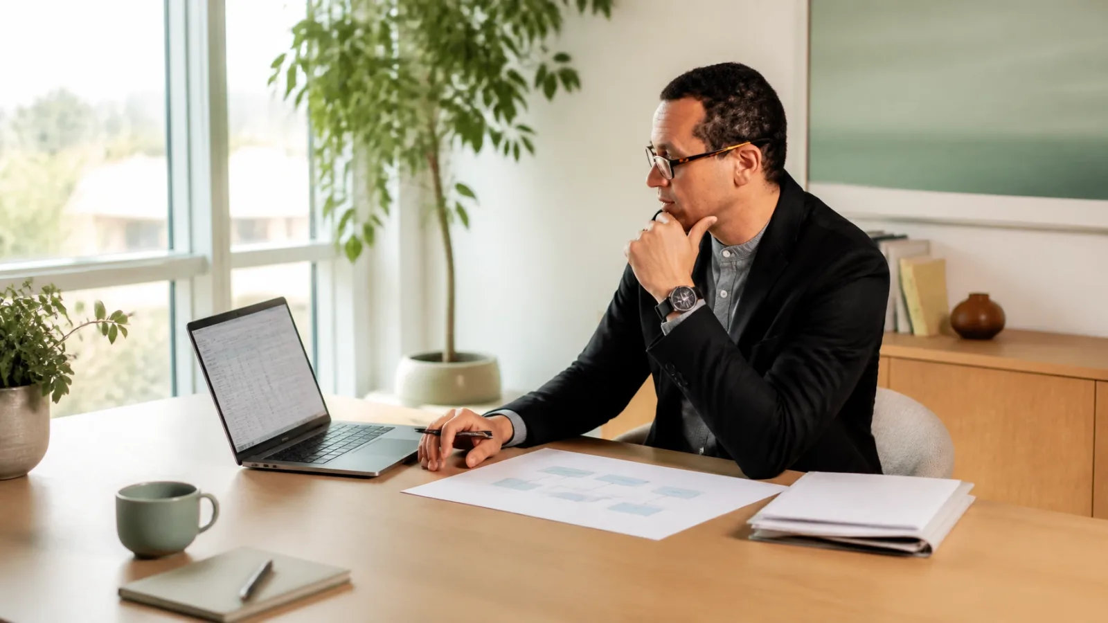 Founder reviewing a clean spreadsheet and workflow map in a bright modern workspace