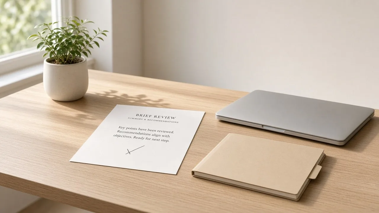 Morning light on a pale desk with a reviewed brief and folder ready to leave.