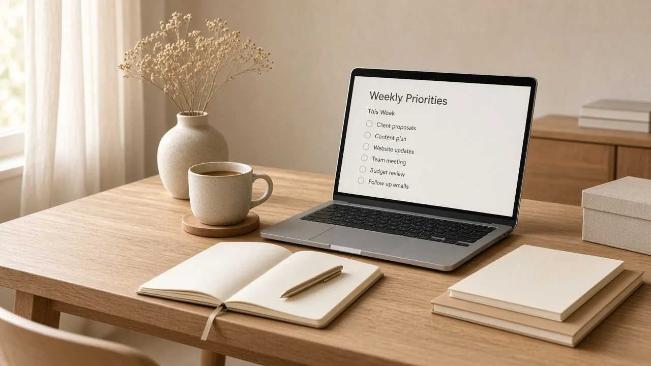 Sunlit oak desk with laptop showing weekly priorities, notebook, and coffee cup in a bright boutique studio.
