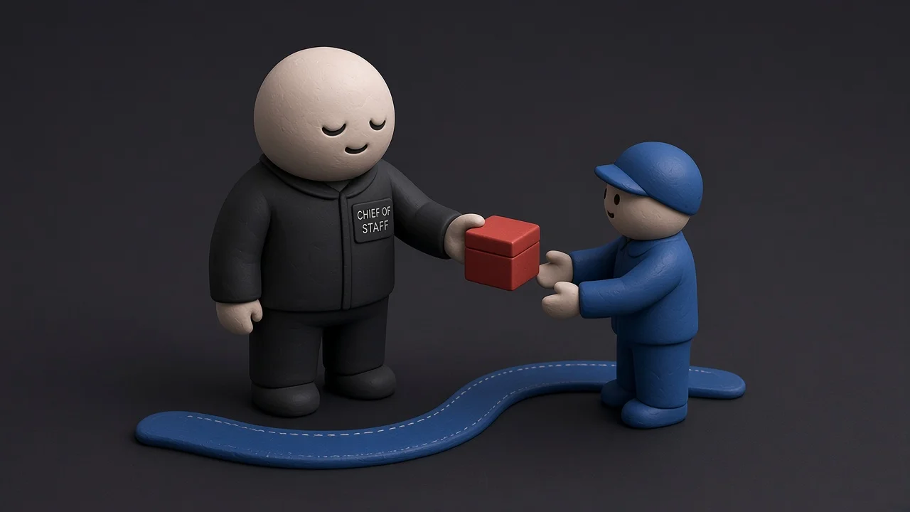 Clay Chief of Staff handing one red task box to a blue specialist along a dispatch path
